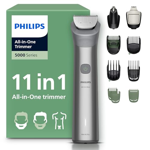 Philips Multigroom 5000 Series All-in-One 11-Piece Trimmer - Shaver and Clipper for Beard, Nose, Hair, and Body, Self-Sharpening Full Metal Blades, 17 Length Settings (0.5-16 mm), Model MG5951/15