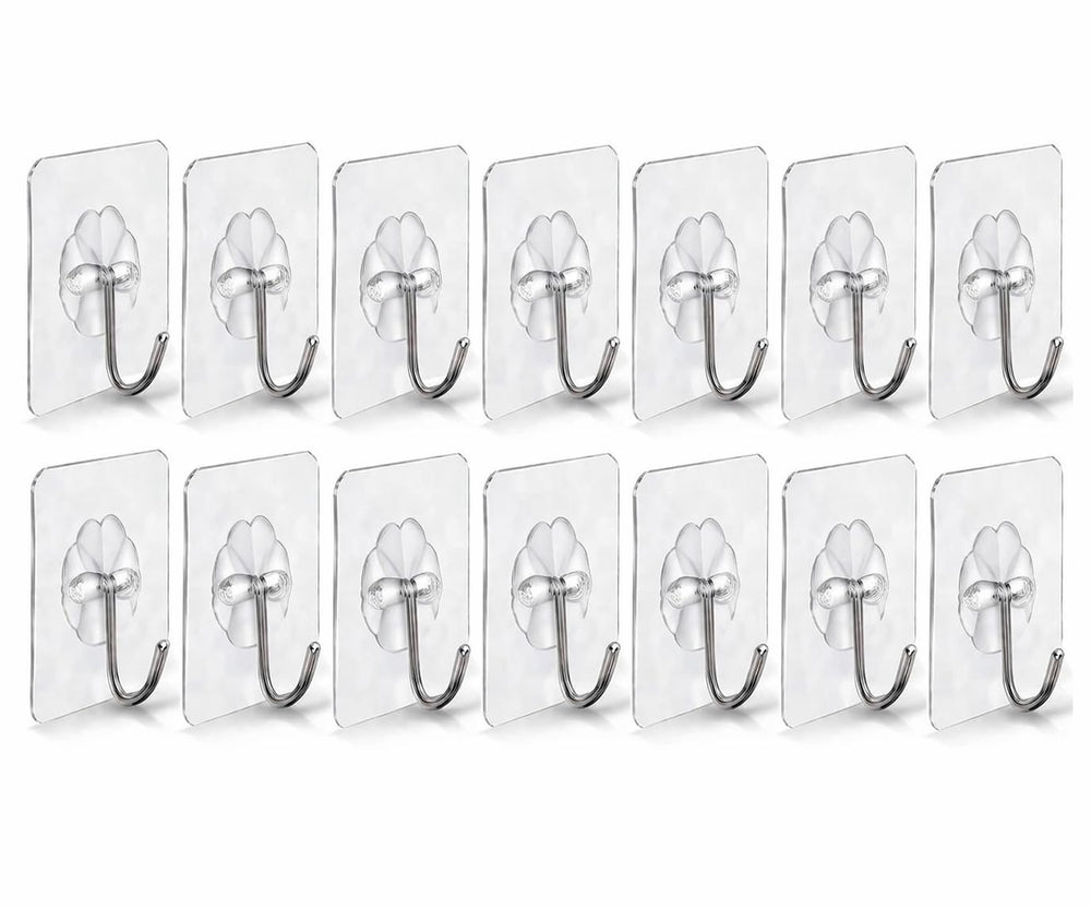 Gill Global Heavy Duty Pack of 14 Self Adhesive Hooks No Damage Sticky Wall Hooks for Hanging 5kg Strong Hold Transparent Bathroom Hooks Towel Hooks Key Hook Stick On Hooks No Drill